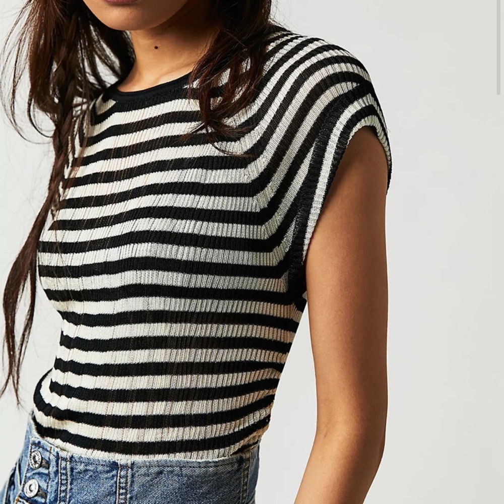 NWT new Free People slinky baby tee Striped Knit black Gardenia Combo T-Shirt